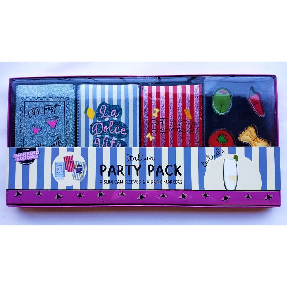 Drinking Buddies Italian Party Pack – 6 Slim Can Sleeves & 6 Drink Markers
